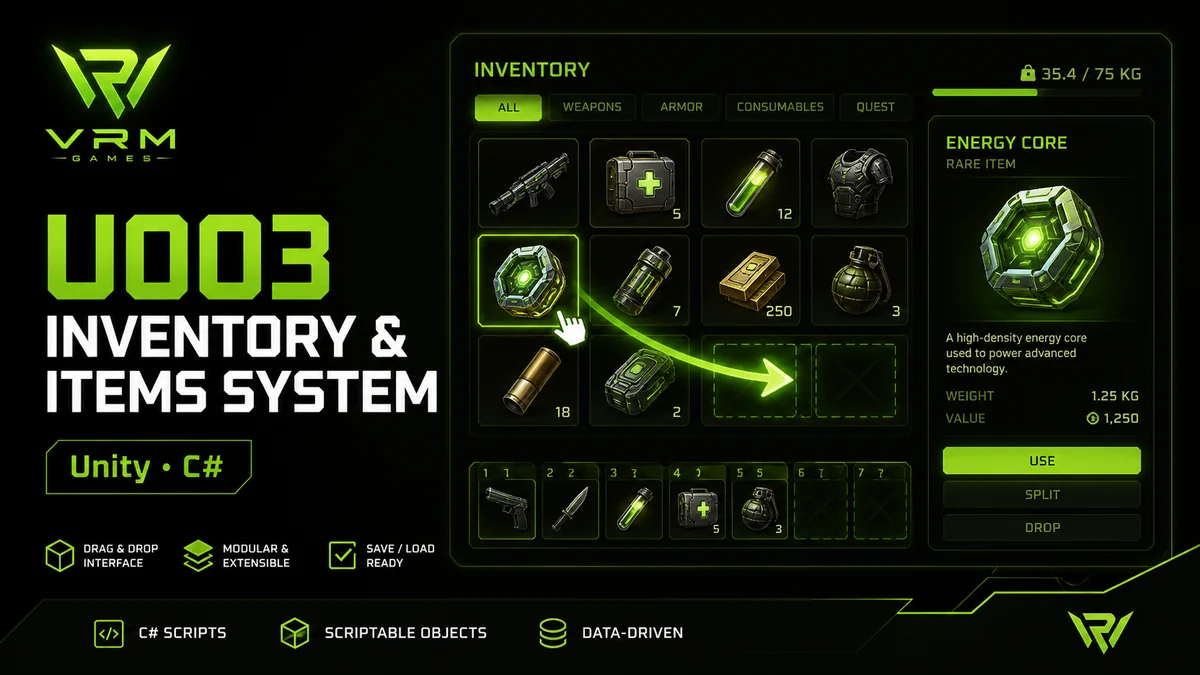 Promotional thumbnail for the U003 Inventory and Items System Unity C# project